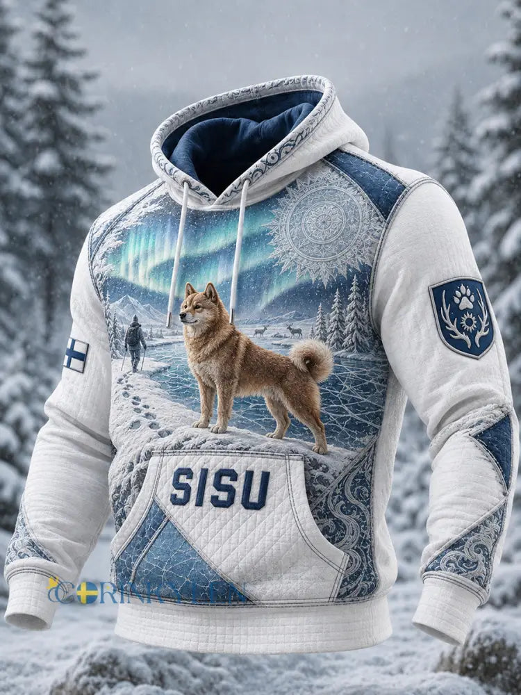 Herrlig retro nordisk hundkonsttryck avslappnad och bekväm vaffelmönstrad stickad hoodie - A / S
