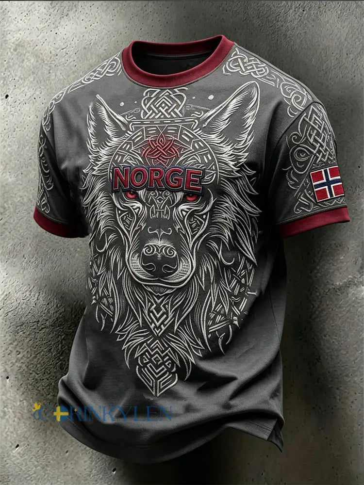 Herrlig retro T-shirt i norsk vikingstil med djurmönster till vardag och med korta ärmar - mörk grå / S