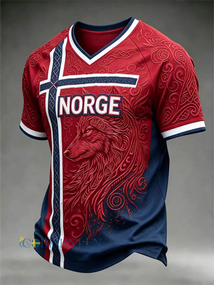 Herrlig retro T-shirt i norsk vikingstil med djurmönster till vardag och med korta ärmar - röd / S