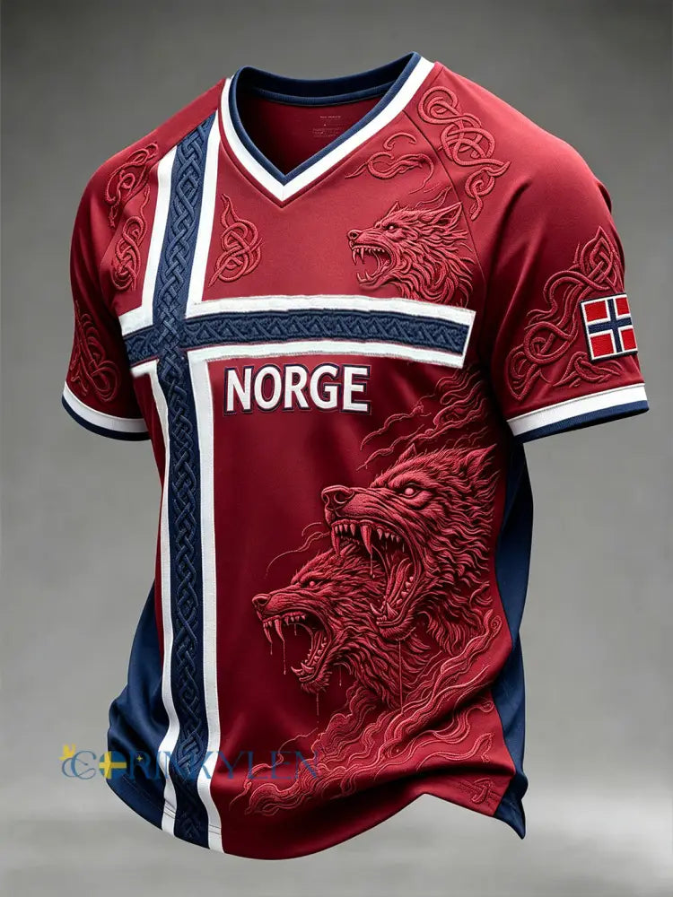 Herrlig retro T-shirt i norsk vikingstil med djurmönster till vardag och med korta ärmar - röd / S
