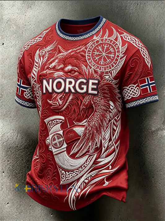 Herrlig retro T-shirt i norsk vikingstil med djurmönster till vardag och med korta ärmar - röd / S