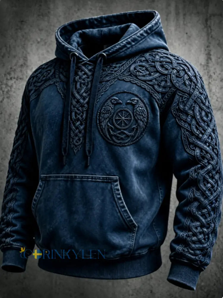 Herrlig retrovikingahuvtröja med valknutmönster och överdimensionerade axlar - marinblå / S