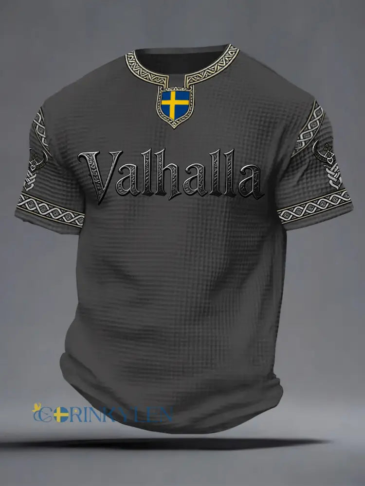 Herrlig T-shirt i vikingastil med Valhalla-tryck våffelmönster - grå / S