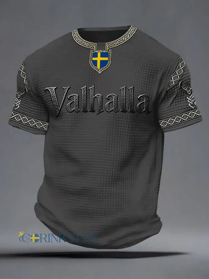 Herrlig T-shirt i vikingastil med Valhalla-tryck våffelmönster - grå / S