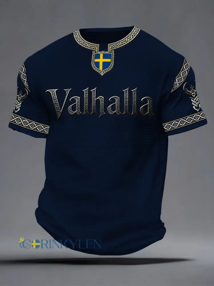Herrlig T-shirt i vikingastil med Valhalla-tryck våffelmönster - mörk blå / S
