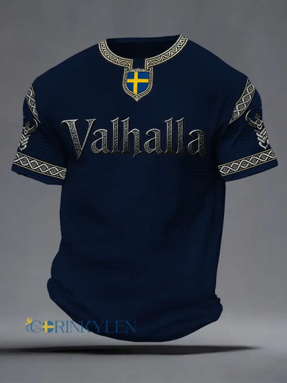 Herrlig T-shirt i vikingastil med Valhalla-tryck våffelmönster - mörk blå / S