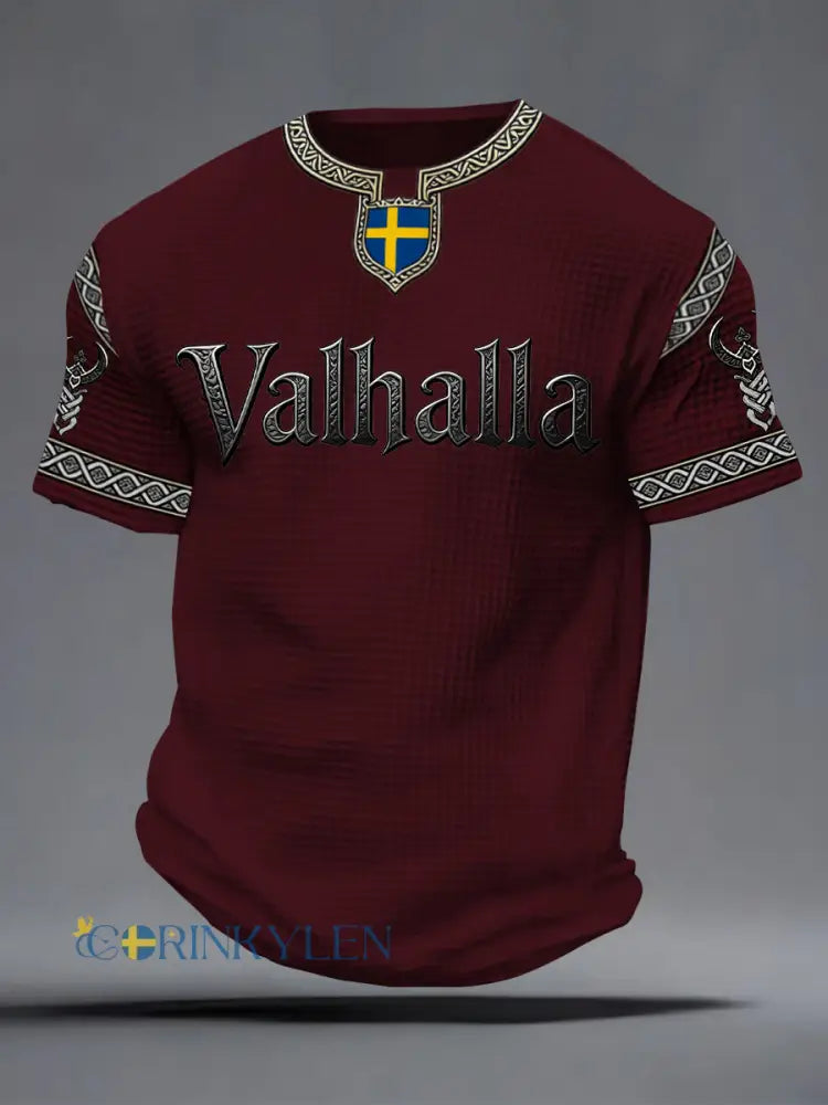 Herrlig T-shirt i vikingastil med Valhalla-tryck våffelmönster - röd / S