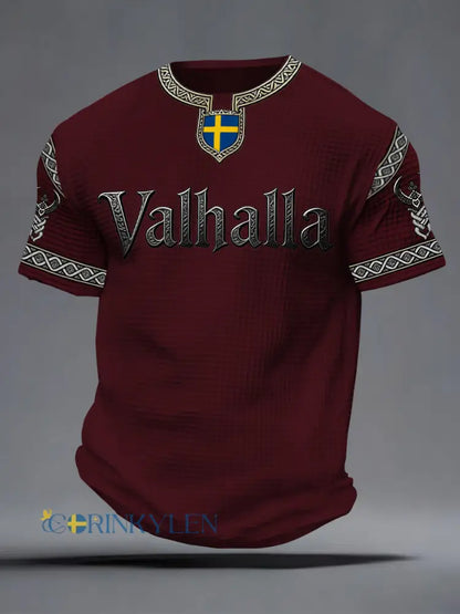 Herrlig T-shirt i vikingastil med Valhalla-tryck våffelmönster - röd / S