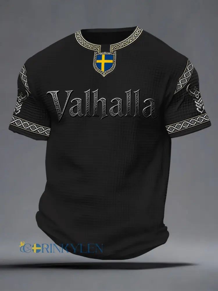 Herrlig T-shirt i vikingastil med Valhalla-tryck våffelmönster - svart / S