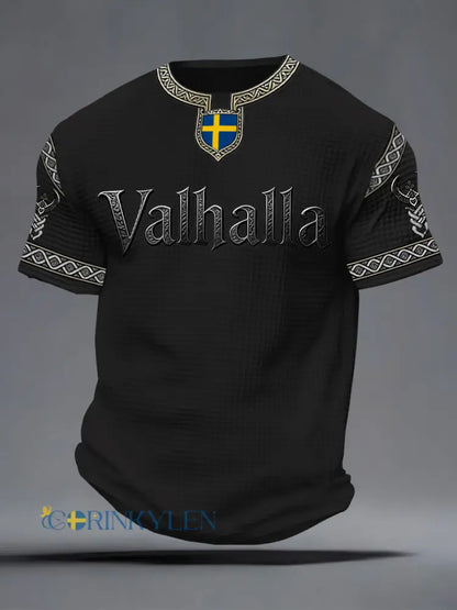 Herrlig T-shirt i vikingastil med Valhalla-tryck våffelmönster - svart / S