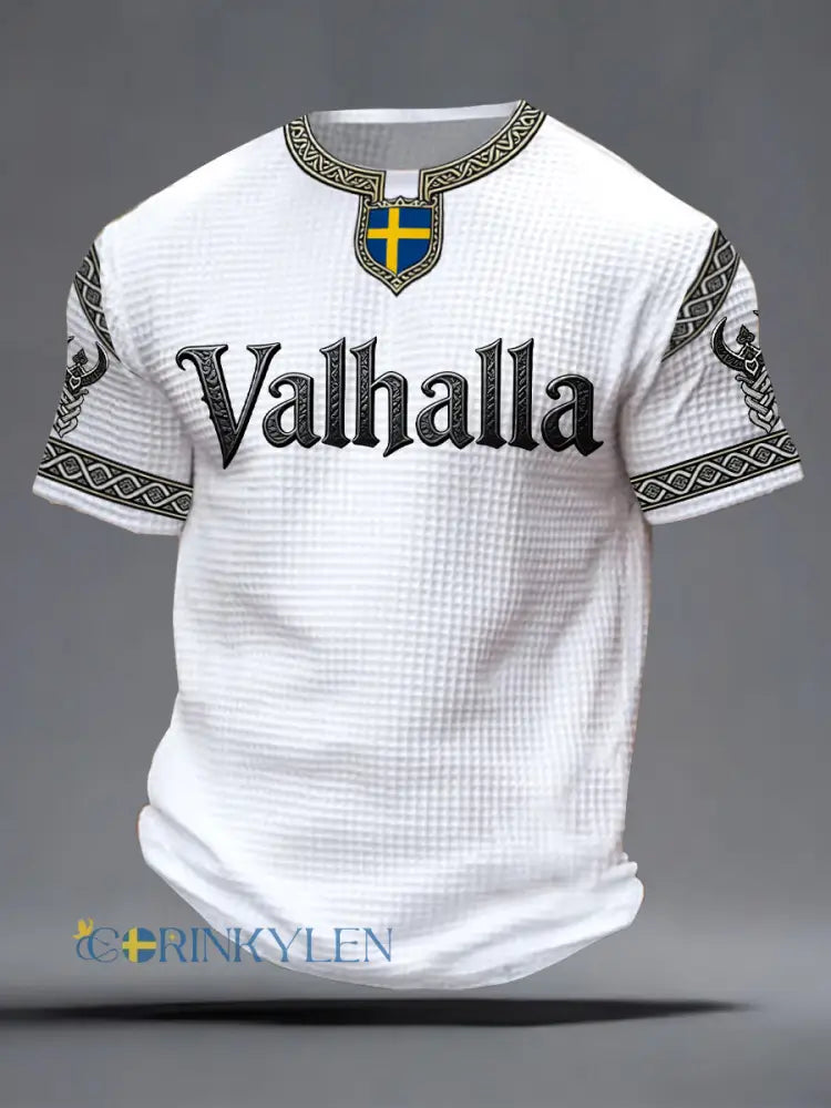 Herrlig T-shirt i vikingastil med Valhalla-tryck våffelmönster - vit / S