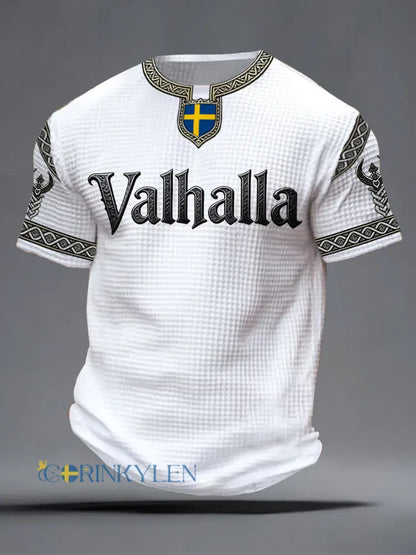 Herrlig T-shirt i vikingastil med Valhalla-tryck våffelmönster - vit / S