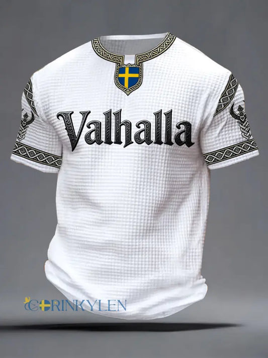 Herrlig T-shirt i vikingastil med Valhalla-tryck våffelmönster - vit / S