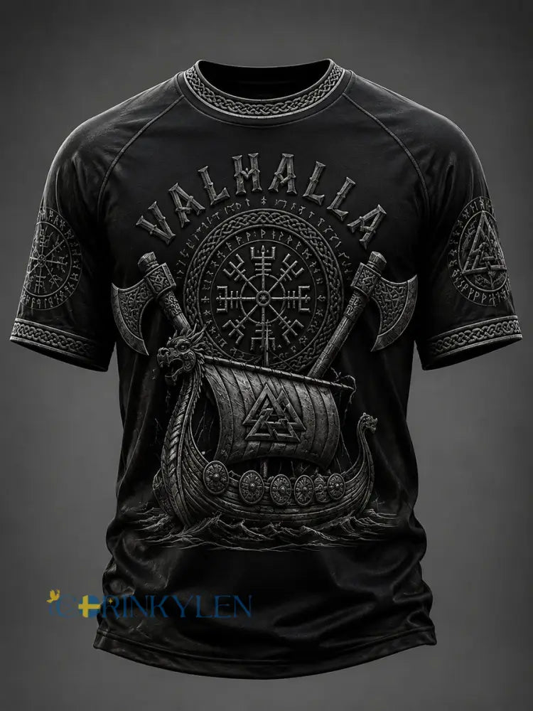 Herrlig Valhalla-printad avslappnad t-shirt med korta ärmar - svart / S