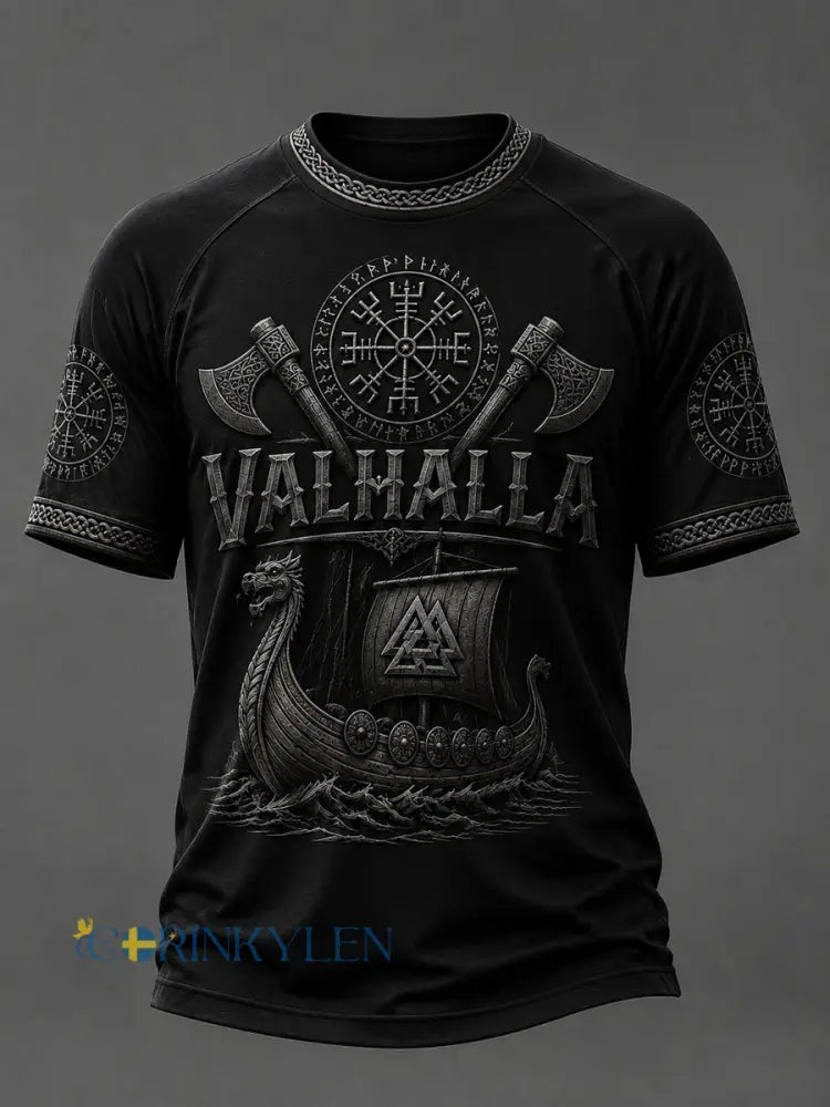 Herrlig Valhalla-printad avslappnad t-shirt med korta ärmar - svart / S