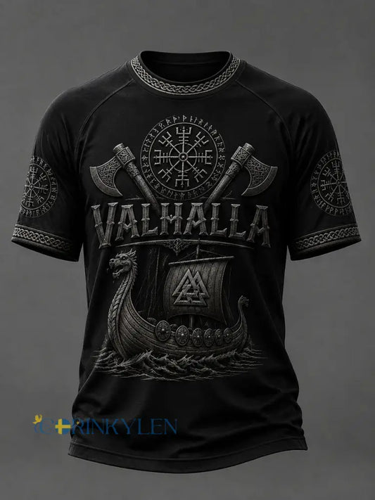 Herrlig Valhalla-printad avslappnad t-shirt med korta ärmar - svart / S