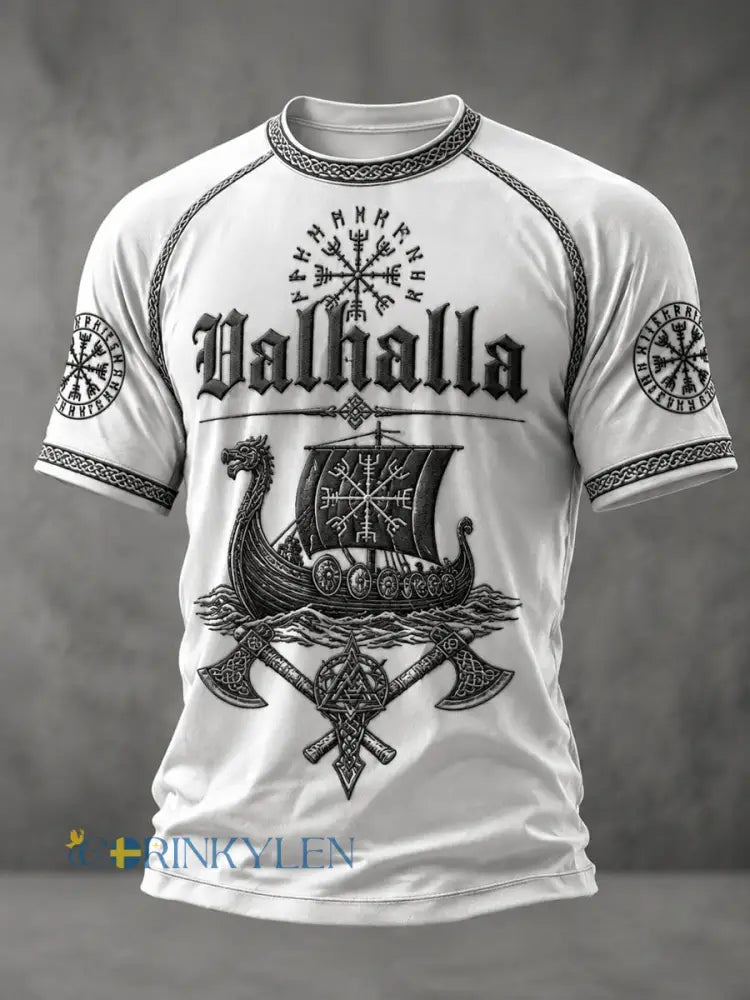 Herrlig Valhalla-printad avslappnad t-shirt med korta ärmar - vitt / S