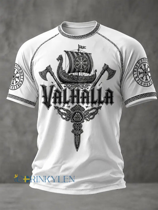 Herrlig Valhalla-printad avslappnad t-shirt med korta ärmar - vitt / S