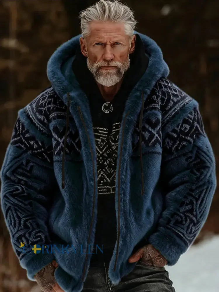 Herrlig viking- och keltiskt inspirerad mysig varm jacka i plysch med dragkedja och huva - blå / S