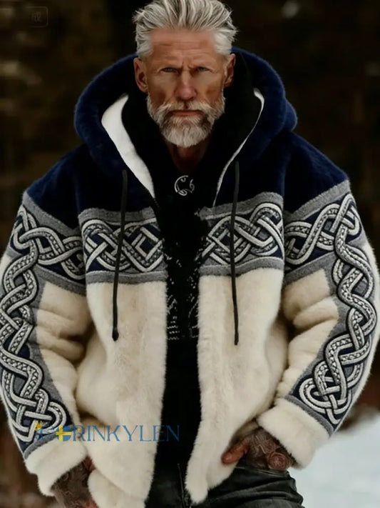 Herrlig viking- och keltiskt inspirerad mysig varm jacka i plysch med dragkedja och huva - blå / S