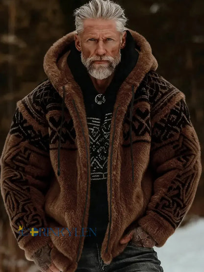 Herrlig viking- och keltiskt inspirerad mysig varm jacka i plysch med dragkedja och huva - brun / S