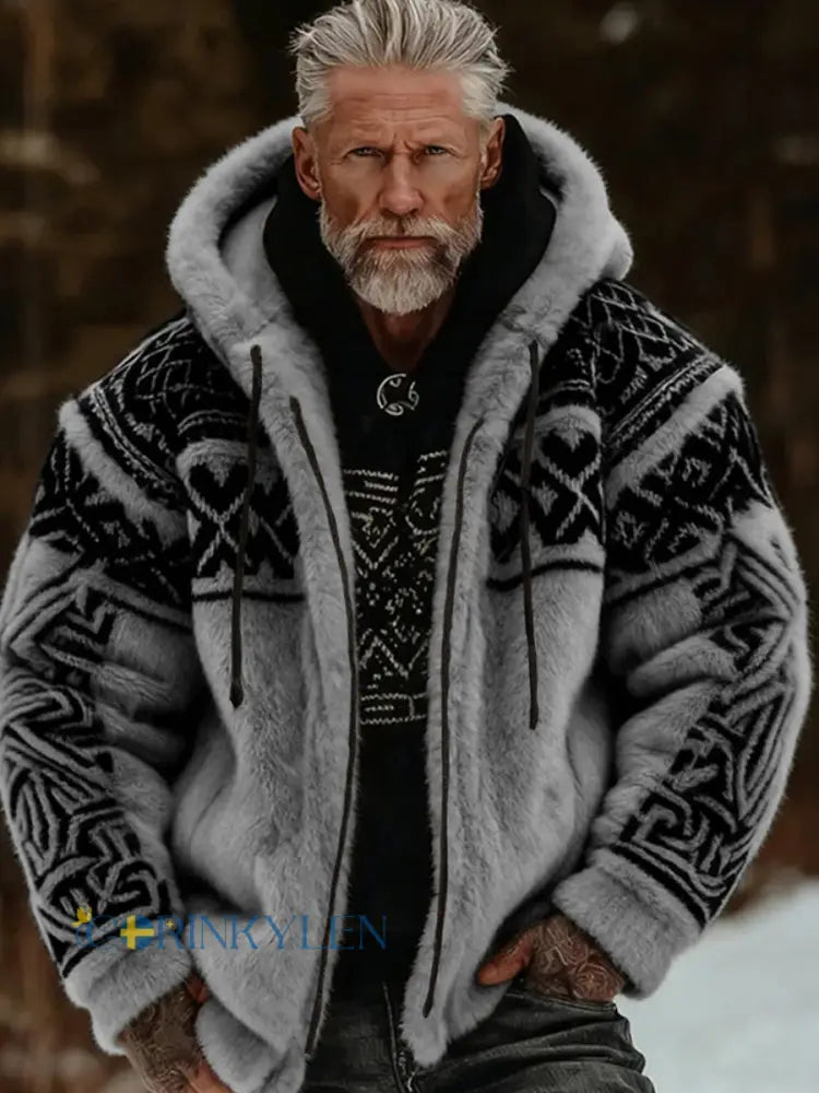 Herrlig viking- och keltiskt inspirerad mysig varm jacka i plysch med dragkedja och huva - grå / S