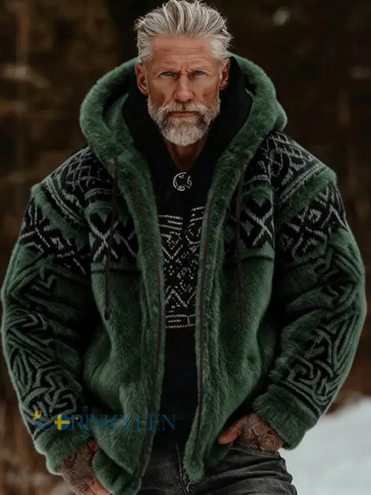Herrlig viking- och keltiskt inspirerad mysig varm jacka i plysch med dragkedja och huva - grönt / S