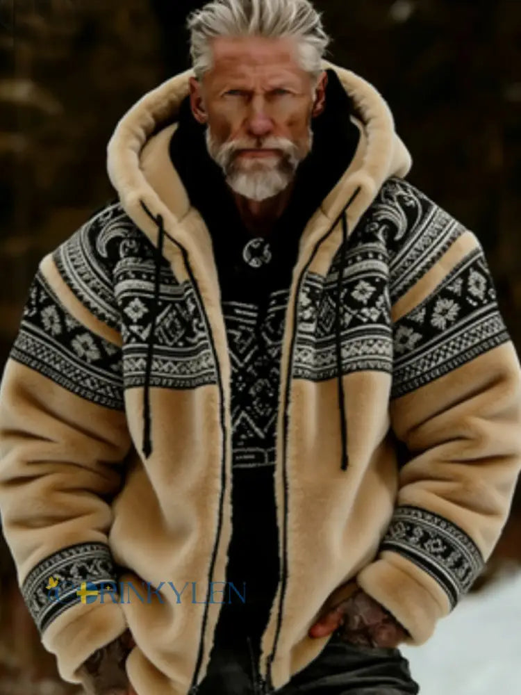 Herrlig viking- och keltiskt inspirerad mysig varm jacka i plysch med dragkedja och huva - Khaki / S