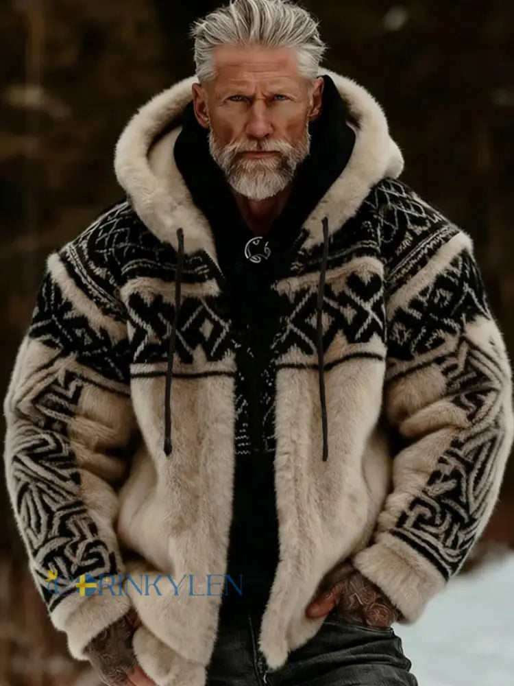 Herrlig viking- och keltiskt inspirerad mysig varm jacka i plysch med dragkedja och huva - Khaki / S
