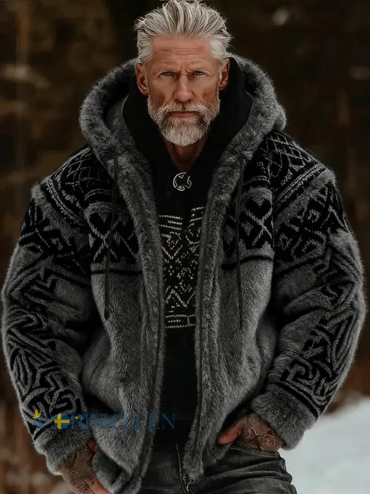 Herrlig viking- och keltiskt inspirerad mysig varm jacka i plysch med dragkedja och huva - mörkgrå / S