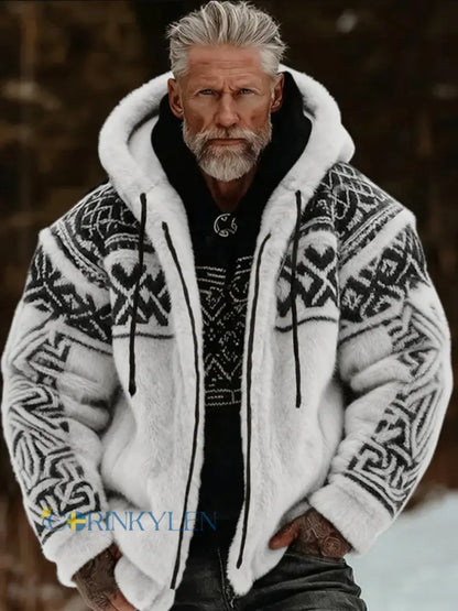 Herrlig viking- och keltiskt inspirerad mysig varm jacka i plysch med dragkedja och huva - vit / S