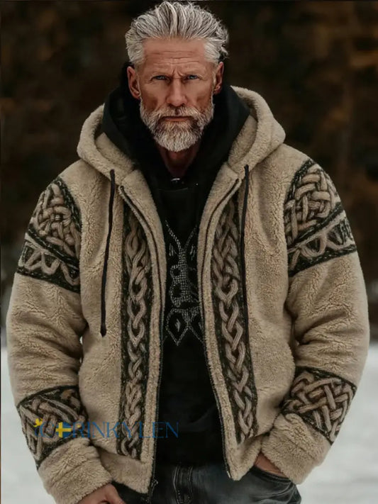 Herrlig viking- och keltiskt inspirerad plyschjacka i flanell med dragkedja och huva – mysig och varm - Khaki / S
