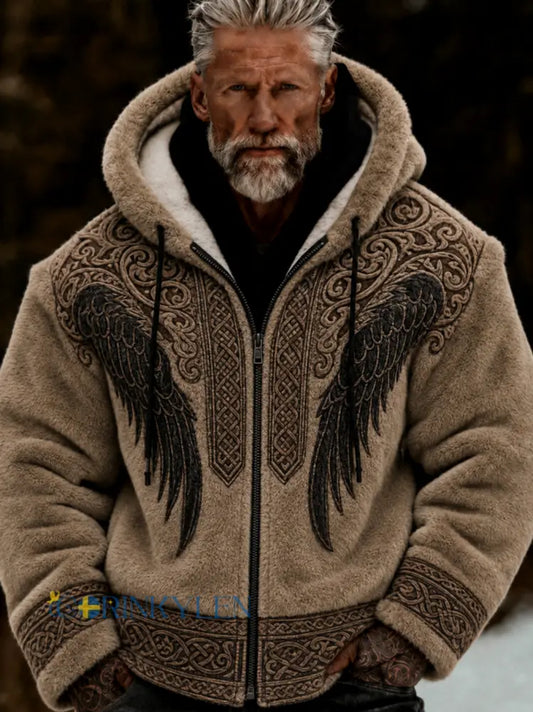 Herrlig viking- och keltiskt inspirerad plyschjacka med dragkedja och huva mysig och varm - brun / S
