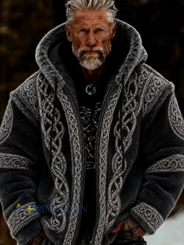 Herrlig viking- och keltiskt inspirerad plyschjacka med dragkedja och huva mysig och varm - svart / S