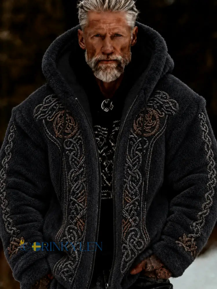 Herrlig viking- och keltiskt inspirerad plyschjacka med dragkedja och huva mysig och varm - svart / S