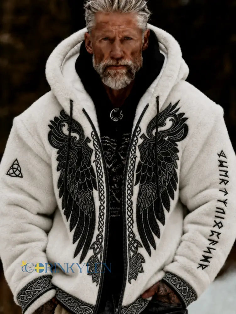 Herrlig viking- och keltiskt inspirerad plyschjacka med dragkedja och huva mysig och varm - vitt / S