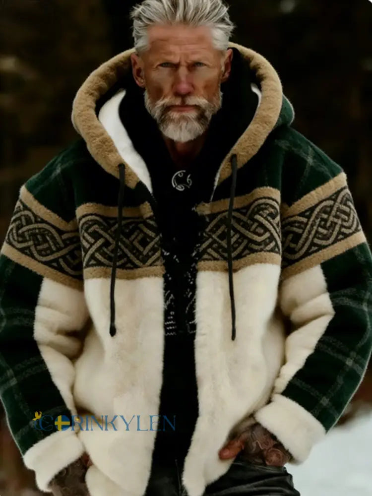 Herrlig viking- och keltiskt konstnärlig plyschjacka med dragkedja och huva mysigt varm - brun / S