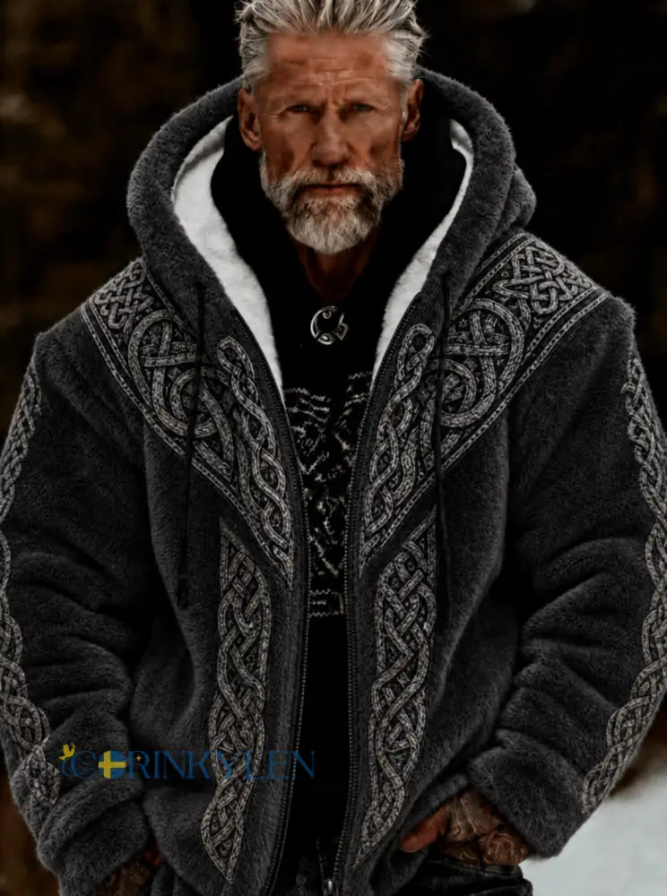 Herrlig viking- och keltiskt konstnärlig plyschjacka med dragkedja och huva mysigt varm - svart / S