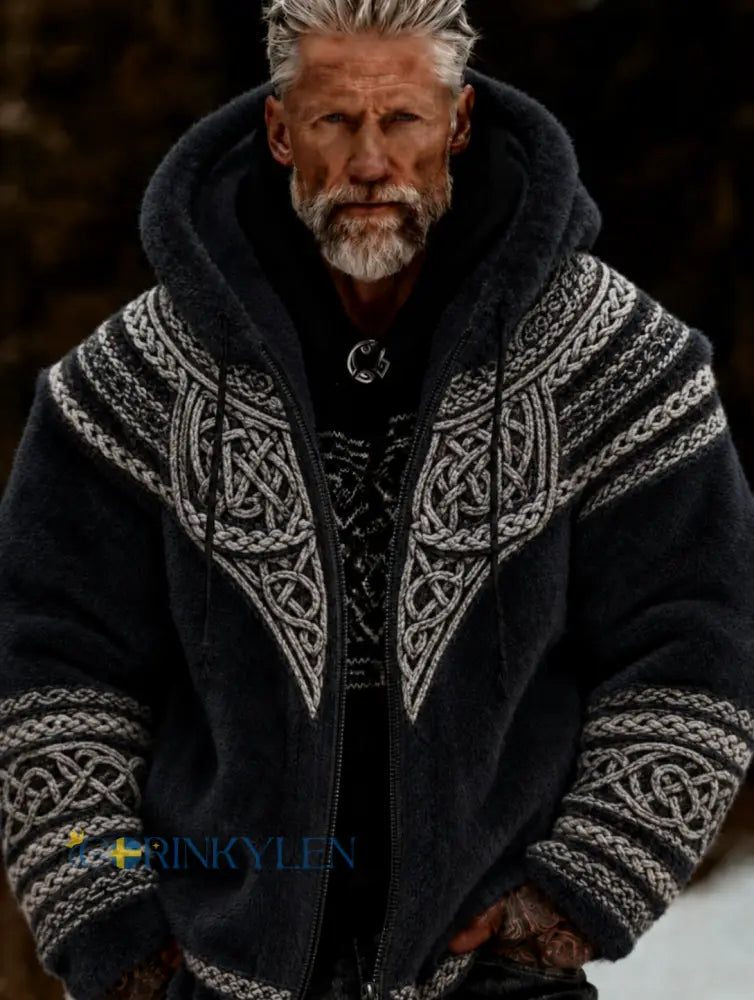 Herrlig viking- och keltiskt konstnärlig plyschjacka med dragkedja och huva mysigt varm - svart / S
