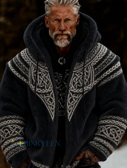 Herrlig viking- och keltiskt konstnärlig plyschjacka med dragkedja och huva mysigt varm - svart / S