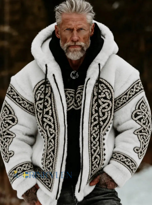 Herrlig viking- och keltiskt konstnärlig plyschjacka med dragkedja och huva mysigt varm - vitt / S