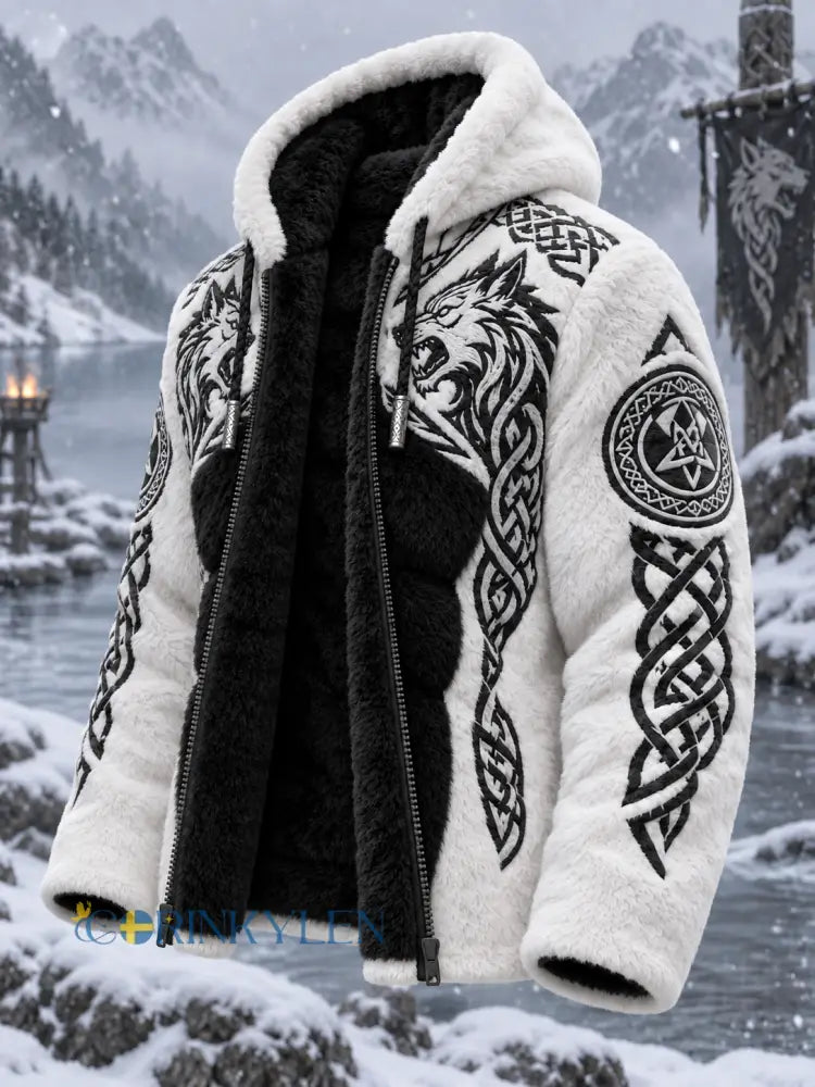 Herrlig viking- och keltiskt konstnärlig plyschjacka med dragkedja och huva mysigt varm - vitt / S