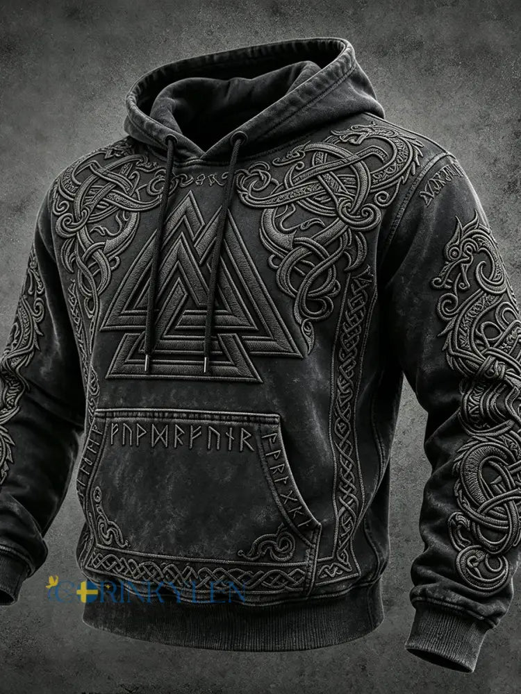 Herrlig vikingainspirerad konst keltiskt tryck vintage mysig hoodie - svart / S