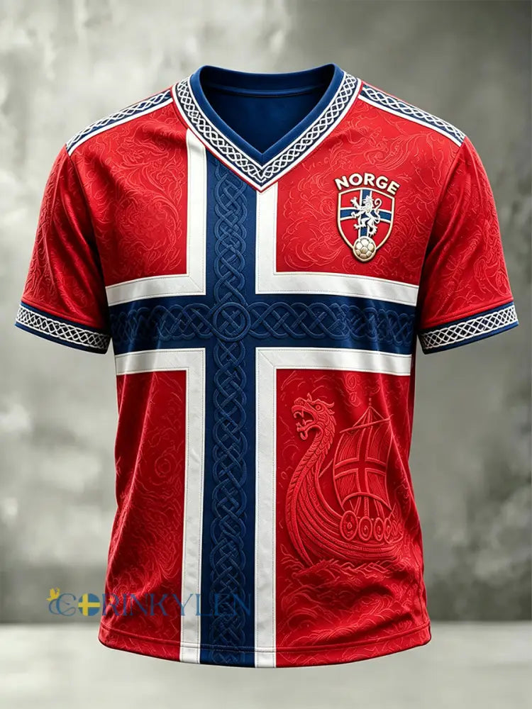 Herrlig vikingkeltiskt tryckt Norgesfotbollssupporter-T-shirt med V-ringning - röd / S