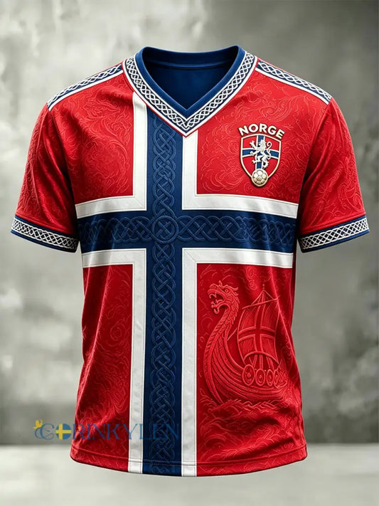 Herrlig vikingkeltiskt tryckt Norgesfotbollssupporter-T-shirt med V-ringning - röd / S