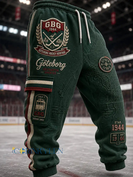 Herrliga 1944 Göteborg Hockeyarv-våffelmönstrade printad löparsweatbyxor casual stil - A / S