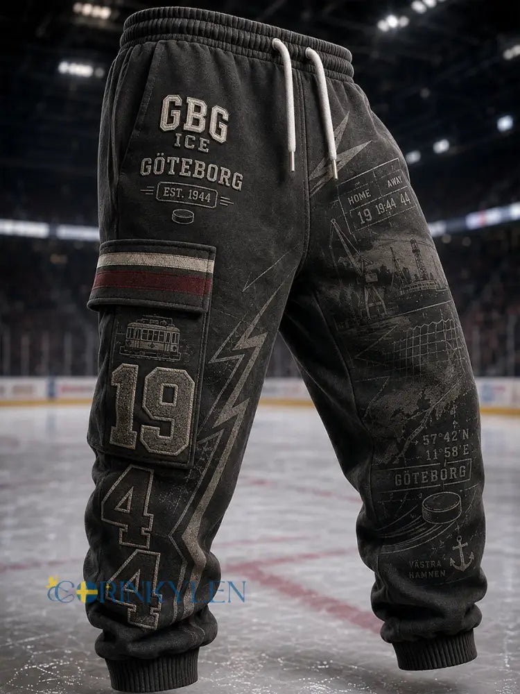 Herrliga 1944 Göteborg Hockeyarv-våffelmönstrade printad löparsweatbyxor casual stil - A / S