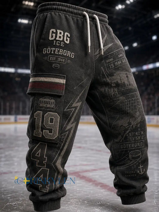 Herrliga 1944 Göteborg Hockeyarv-våffelmönstrade printad löparsweatbyxor casual stil - A / S