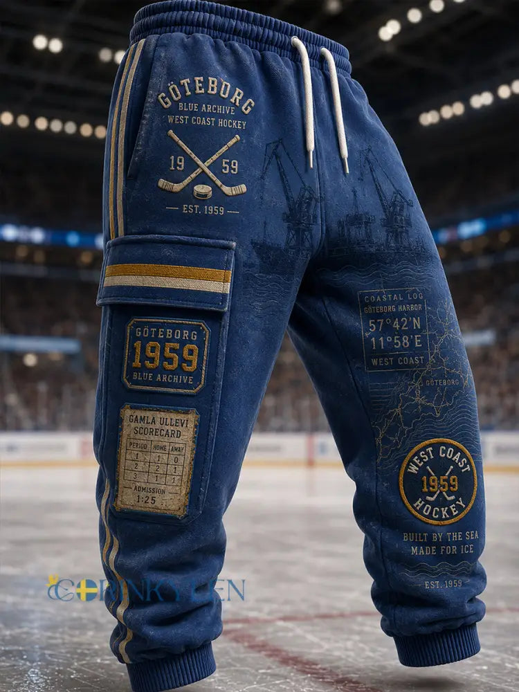 Herrliga 1944 Göteborg Hockeyarv-våffelmönstrade printad löparsweatbyxor casual stil - A / S