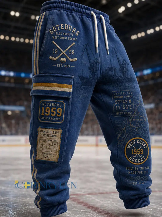 Herrliga 1944 Göteborg Hockeyarv-våffelmönstrade printad löparsweatbyxor casual stil - A / S